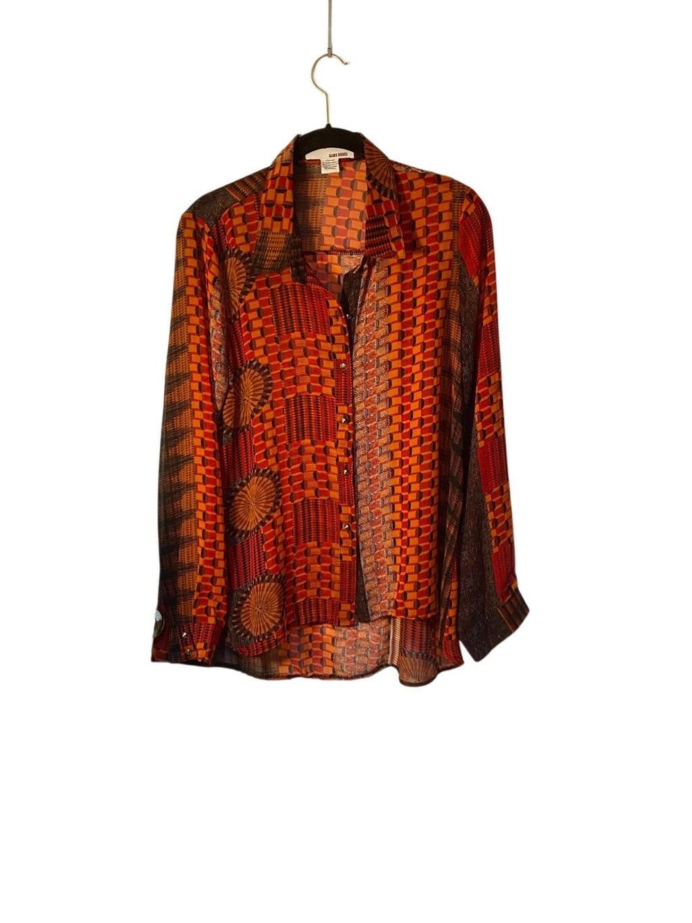 Sans Souci aztec semi sheer button-down, long sleeve blouse L